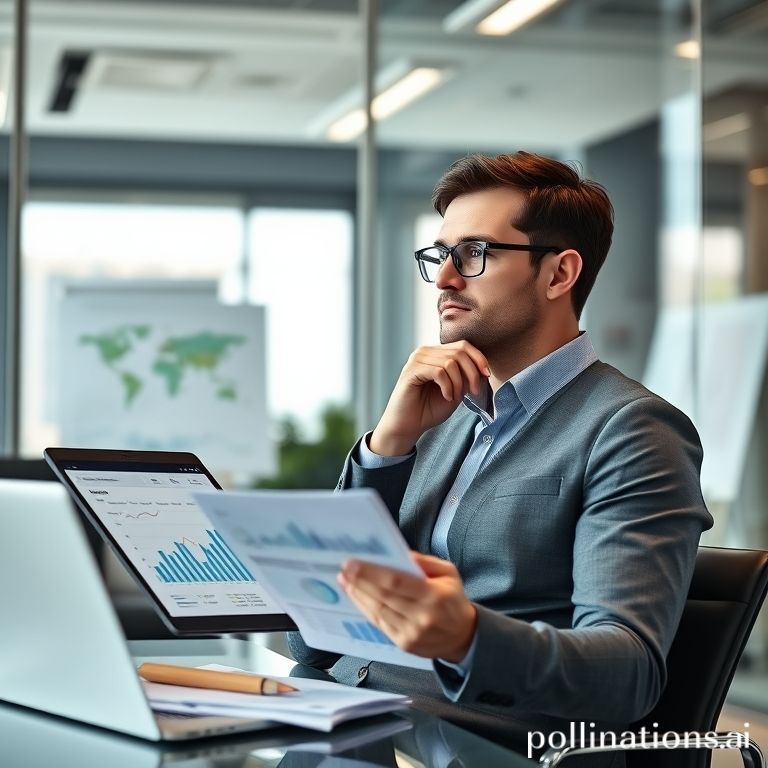 A business CEO thoughtfully reviews complex financial documents and digital analytics, considering strategic peer-to-peer lending opportunities.