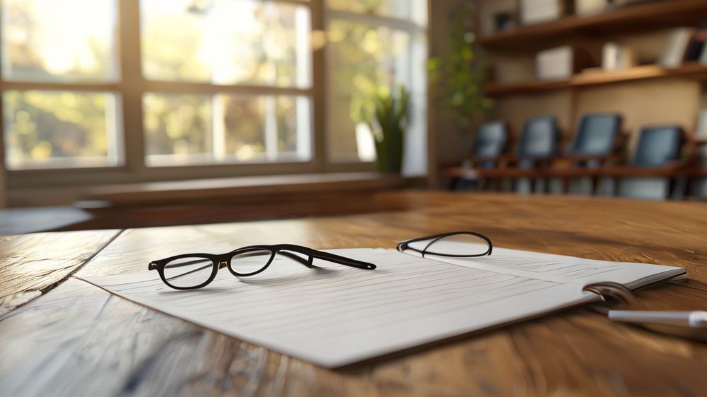 静かな会議室の机に置かれたイベント企画書と眼鏡の静物写真