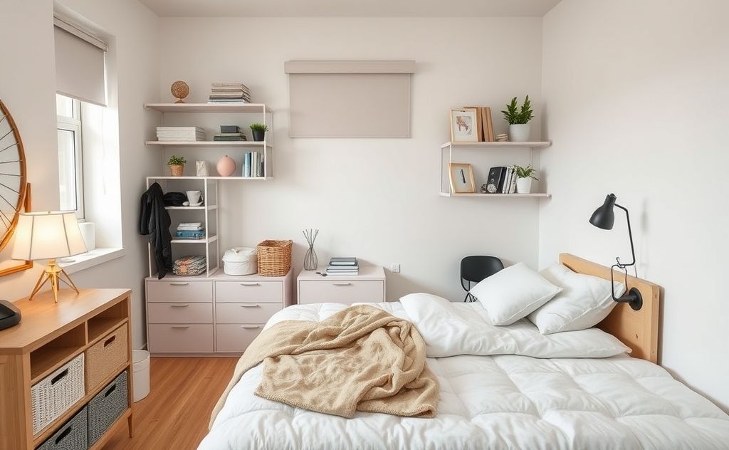 A tidy bedroom with neatly organized items and minimal decor.