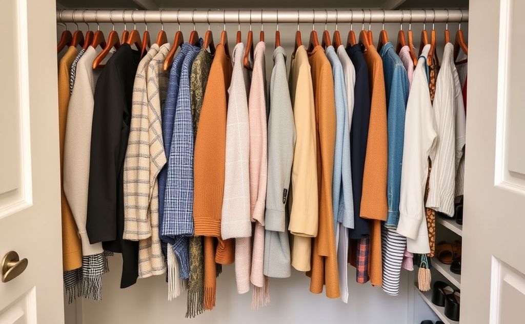 A tidy closet with neatly arranged seasonal clothing and accessories.