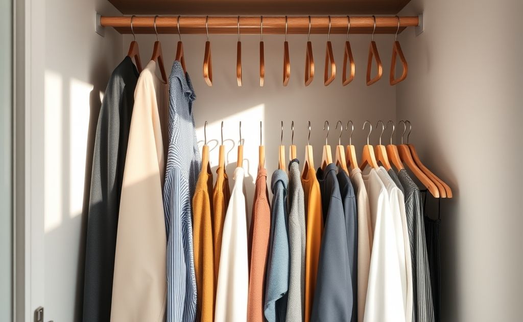 A tidy closet with neatly organized clothes and empty hangers.