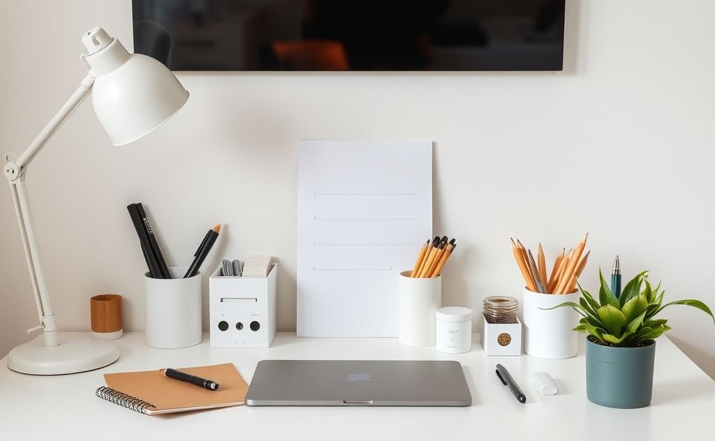 A tidy desk with organized supplies and a calming plant.