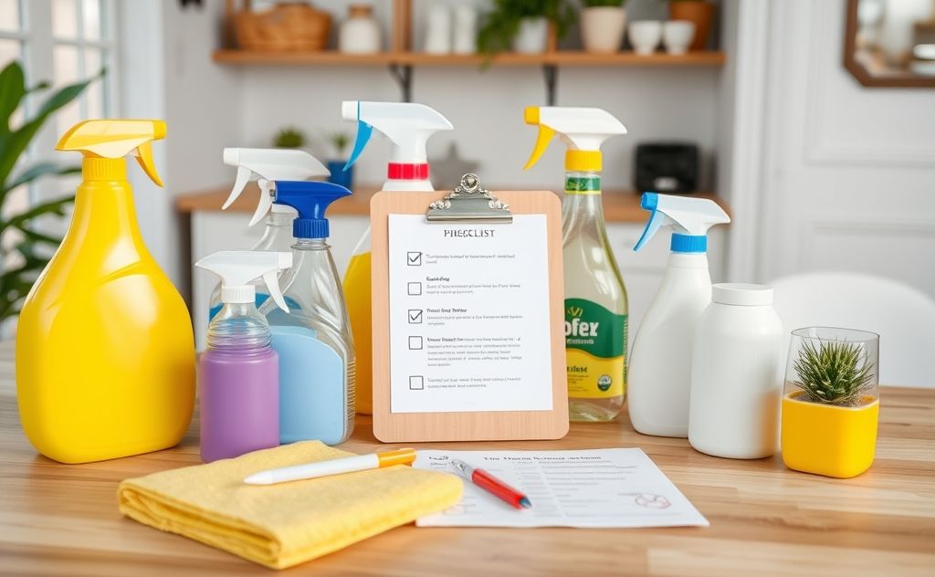 A tidy home with cleaning supplies and a checklist on a table.