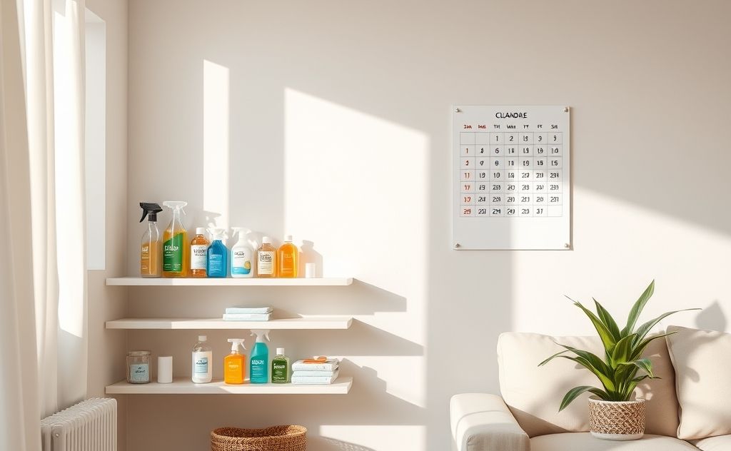 A tidy home with cleaning supplies and a daily cleaning schedule.