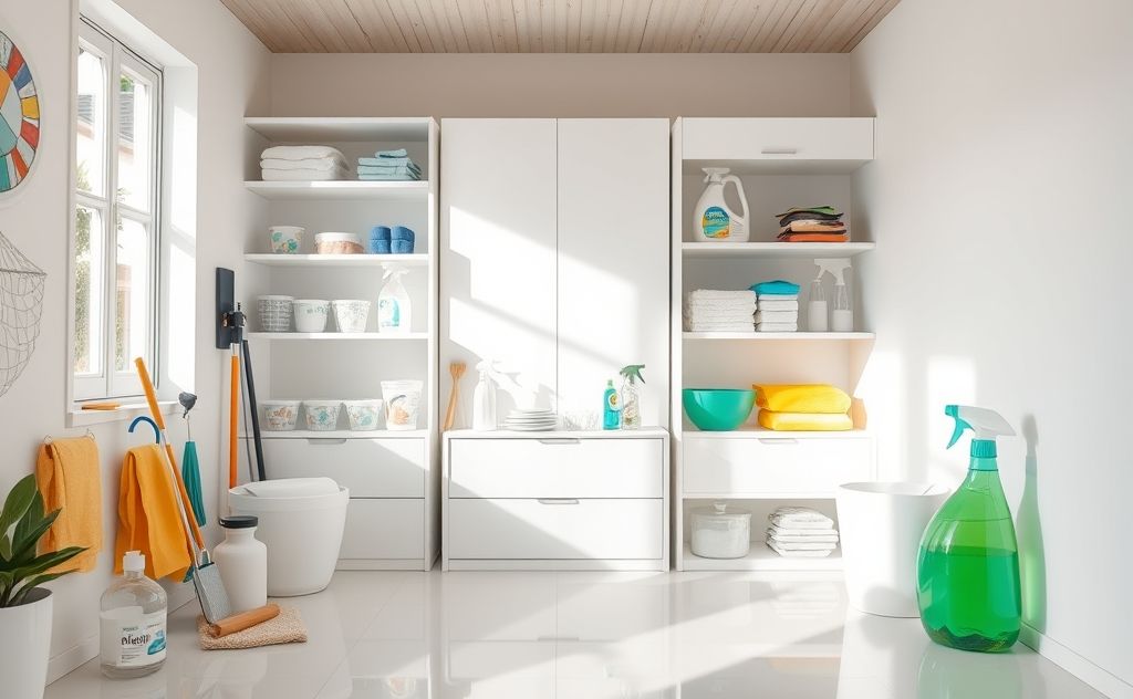 A tidy home with cleaning supplies and organized spaces.