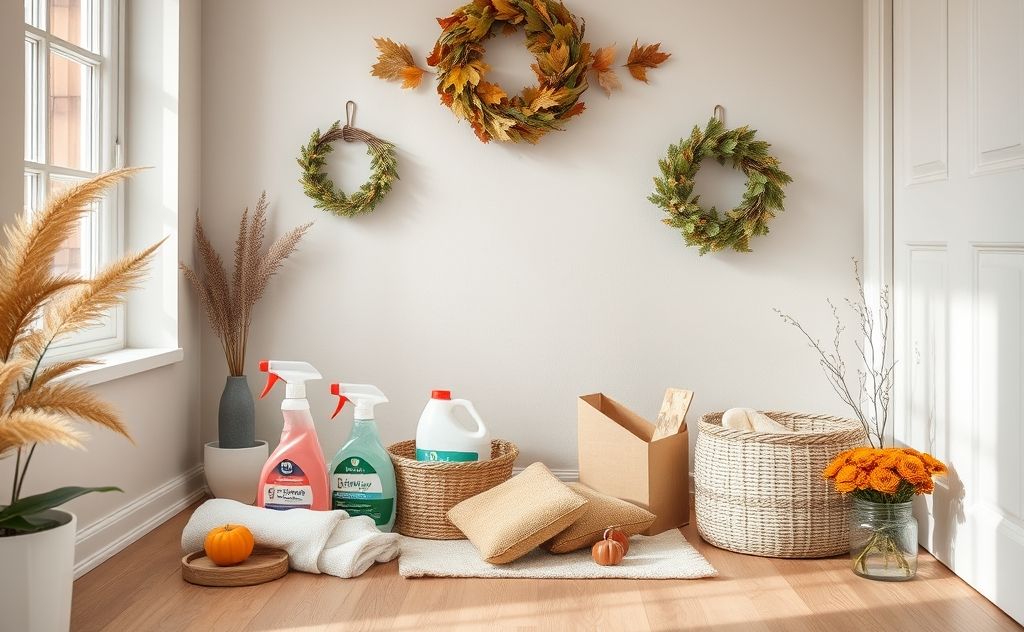 A tidy home with cleaning supplies and seasonal decor.