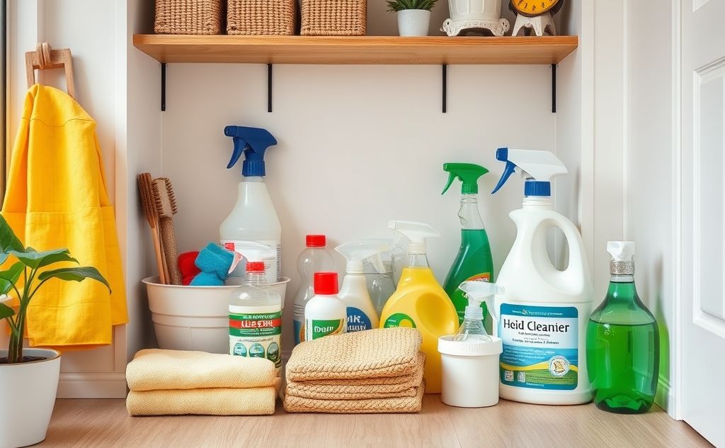 A tidy home with cleaning supplies organized and ready to use.