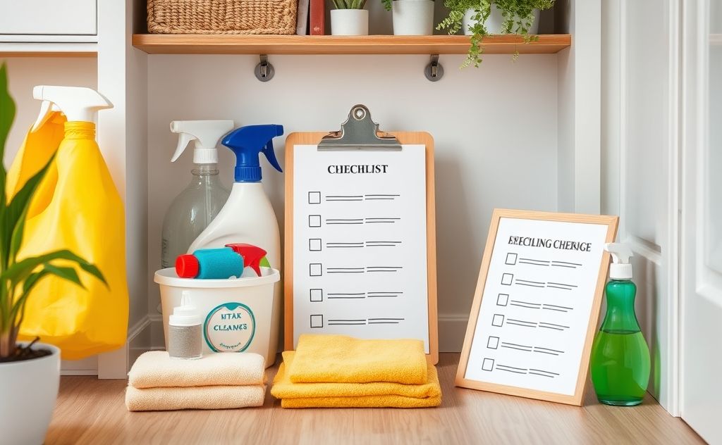 A tidy home with organized cleaning supplies and a checklist.