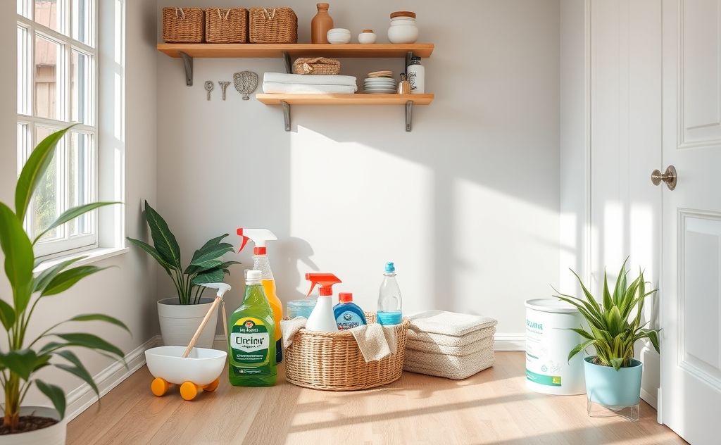 A tidy home with organized cleaning supplies and a fresh atmosphere.