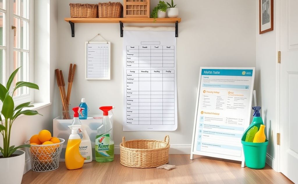 A tidy home with organized cleaning supplies and a schedule chart.