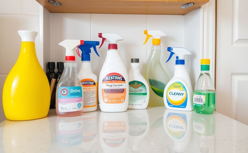 A tidy home with organized cleaning supplies and a sparkling surface.