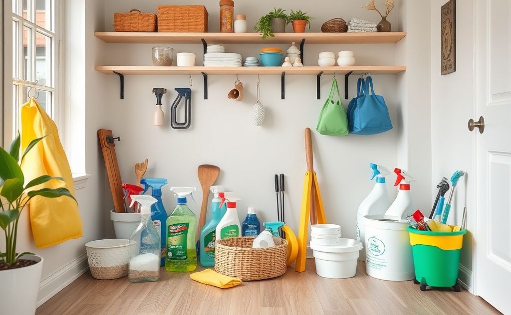 A tidy home with organized cleaning supplies and tools.