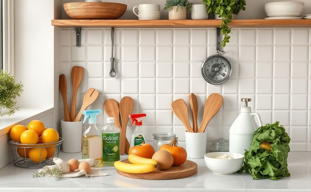 A tidy kitchen with cleaning supplies and seasonal ingredients.