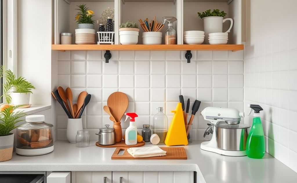 A tidy kitchen with essential home appliances and cleaning supplies.