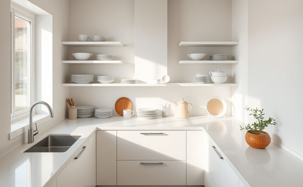 A tidy kitchen with organized shelves and minimal clutter.