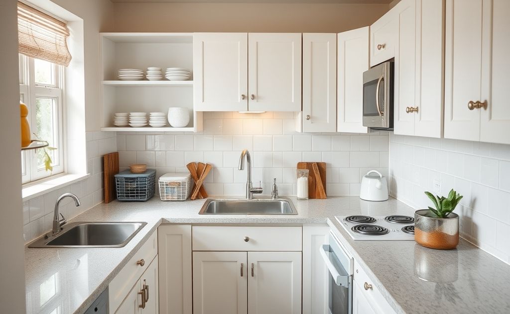 A tidy kitchen with organized surfaces and sparkling countertops.