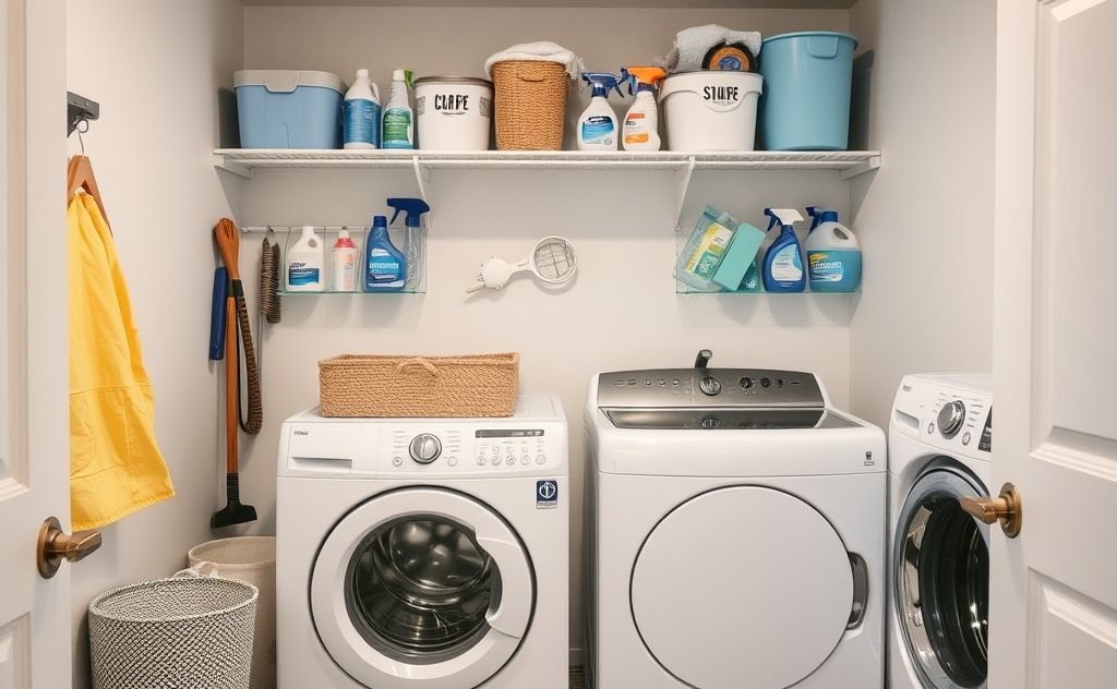 A tidy laundry room with neatly organized cleaning supplies and tools.