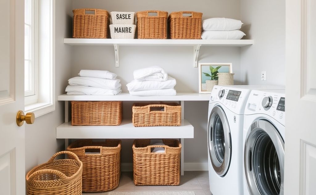 A tidy laundry room with organized baskets and fresh linens.