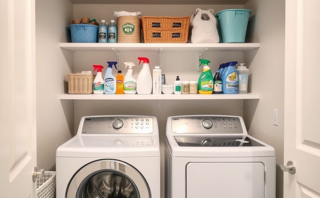 A tidy laundry room with organized shelves and cleaning supplies.