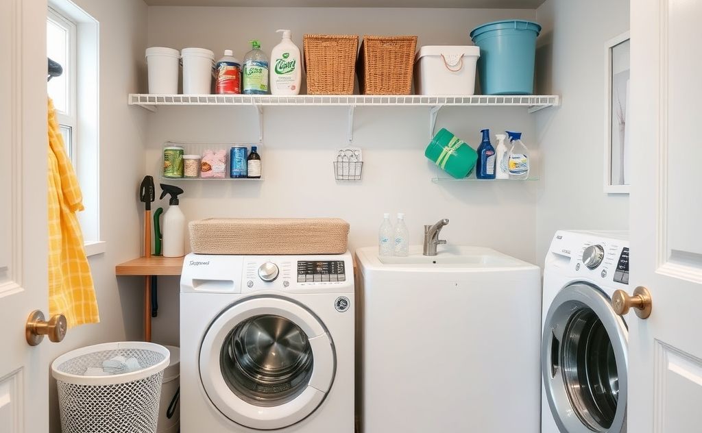 A tidy laundry room with organized supplies and quick-cleaning tools.
