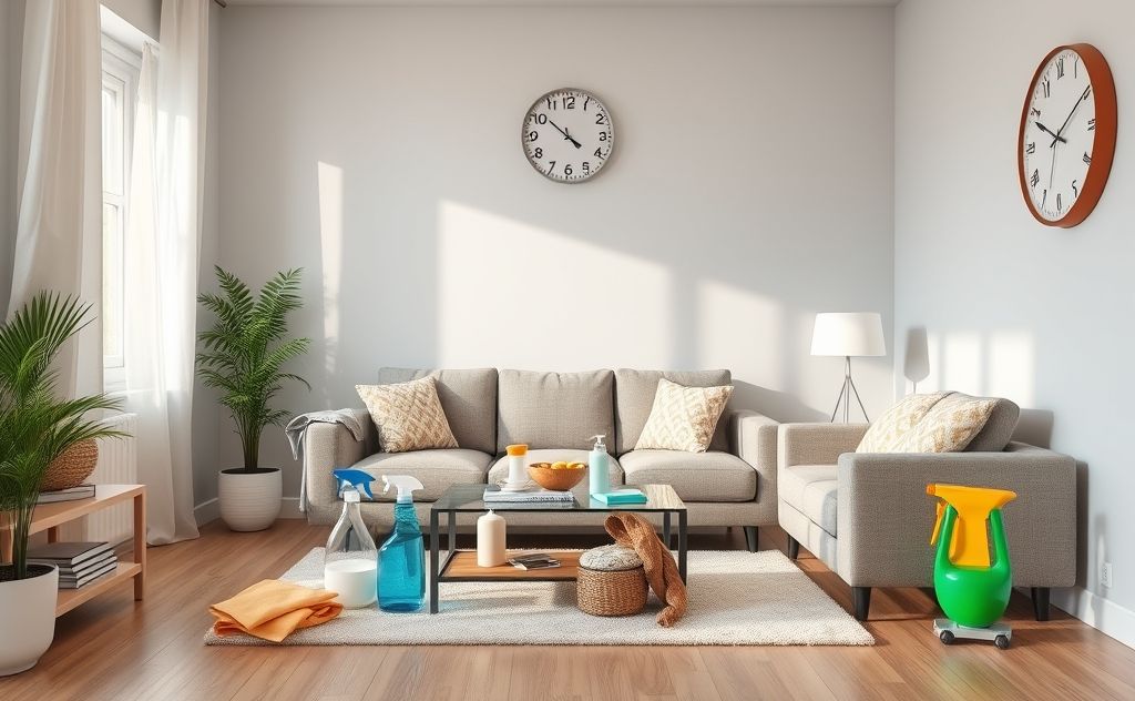 A tidy living room with cleaning supplies and a clock showing time.