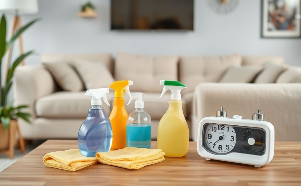 A tidy living room with cleaning supplies and a timer on a table.