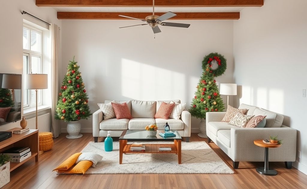 A tidy living room with cleaning supplies and holiday decorations removed