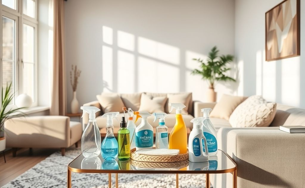 A tidy living room with cleaning supplies ready for a quick clean.