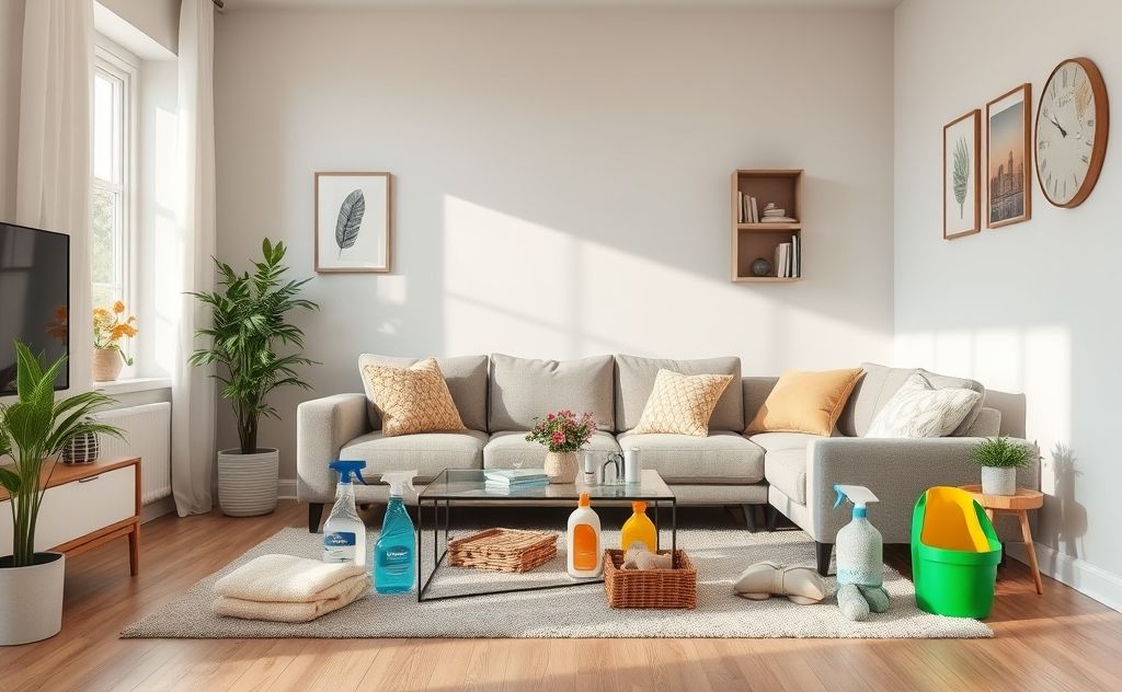 A tidy living room with cleaning supplies ready for quick organization