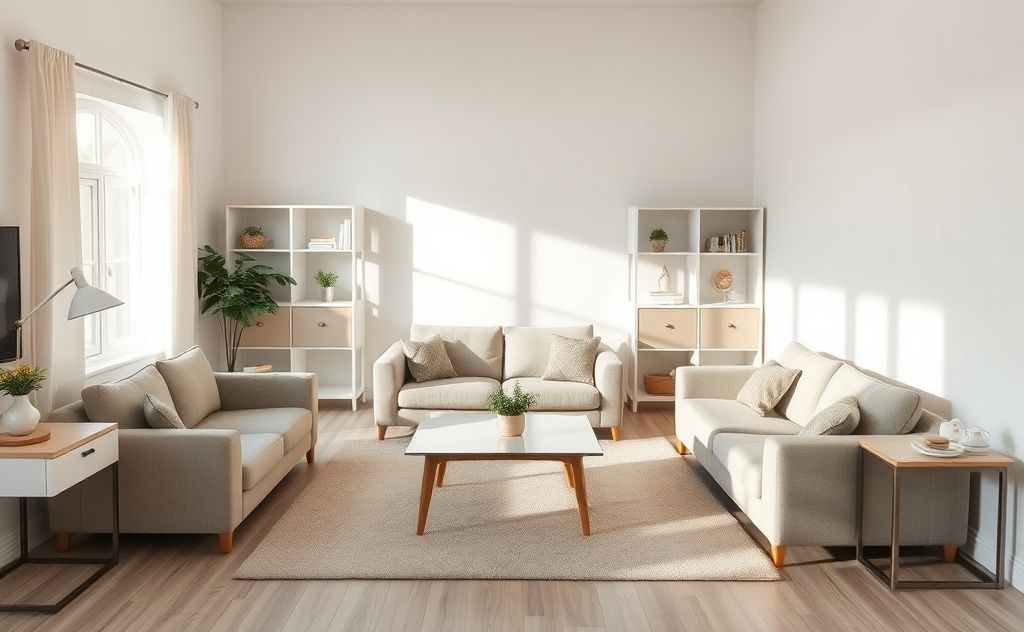 A tidy living room with organized furniture and clean surfaces.