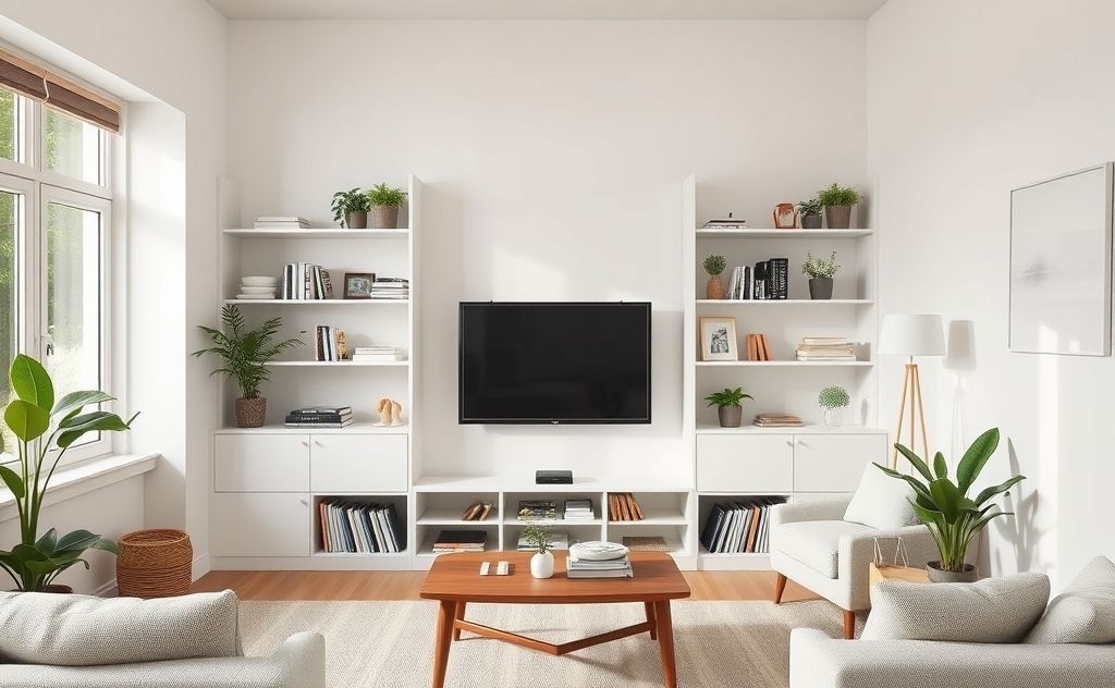 A tidy living room with organized shelves and minimal decor.