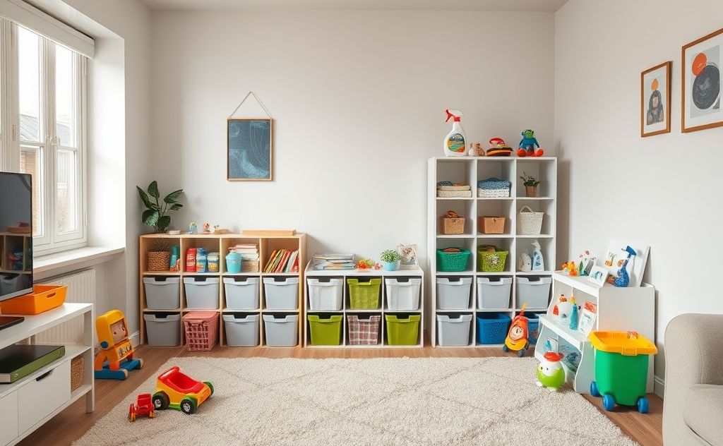 A tidy living room with organized toys and cleaning supplies.