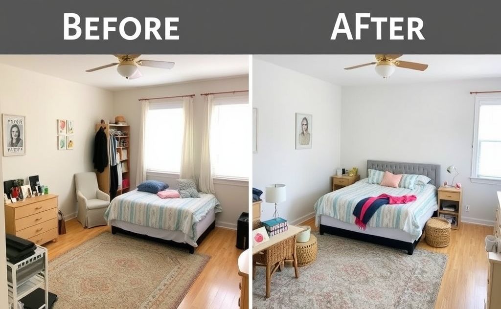 A tidy room transformation showcasing before and after decluttering.
