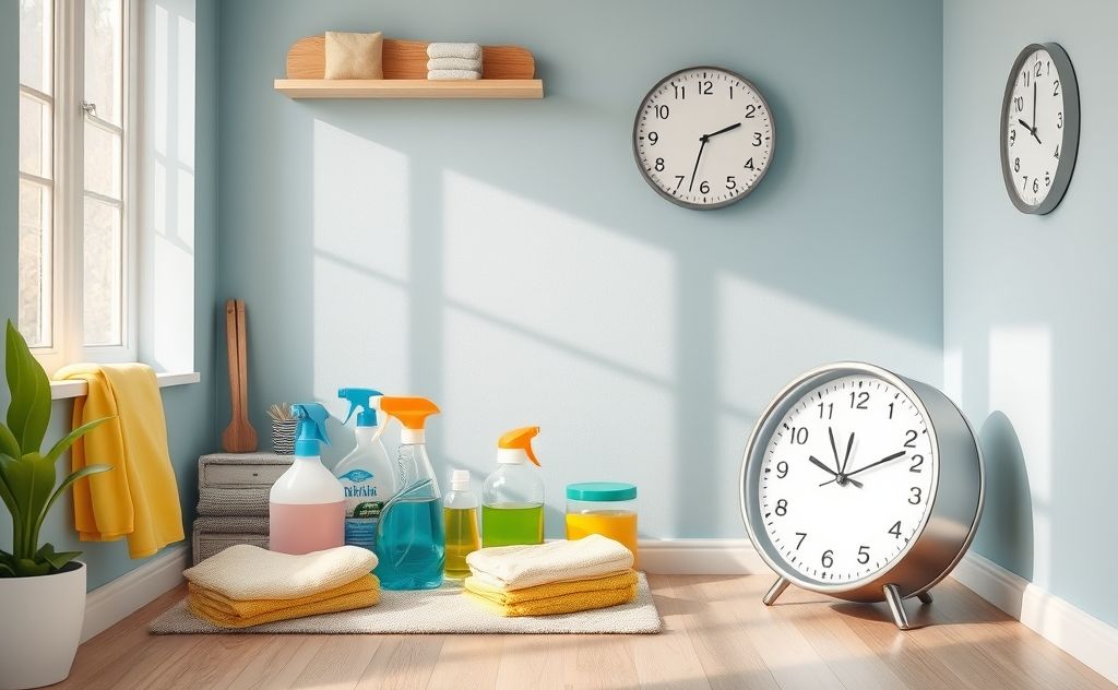 A tidy room with cleaning supplies and a clock showing time savings.
