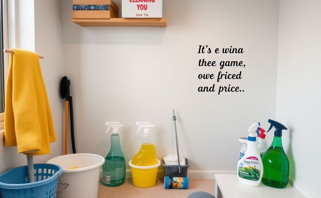 A tidy room with cleaning supplies and a motivational quote on a wall.