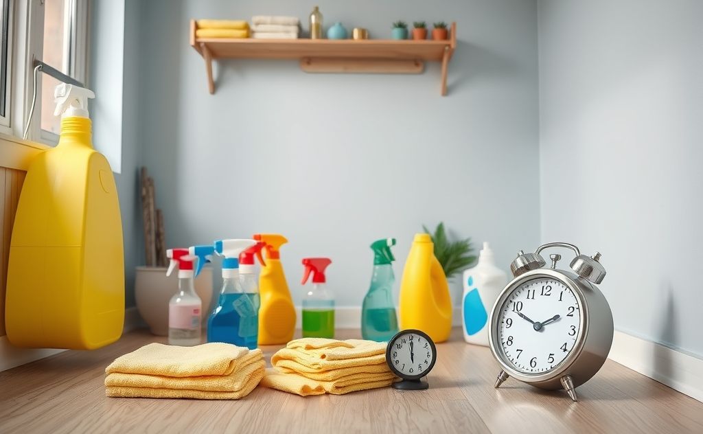 A tidy room with cleaning supplies and a timer showing urgency.
