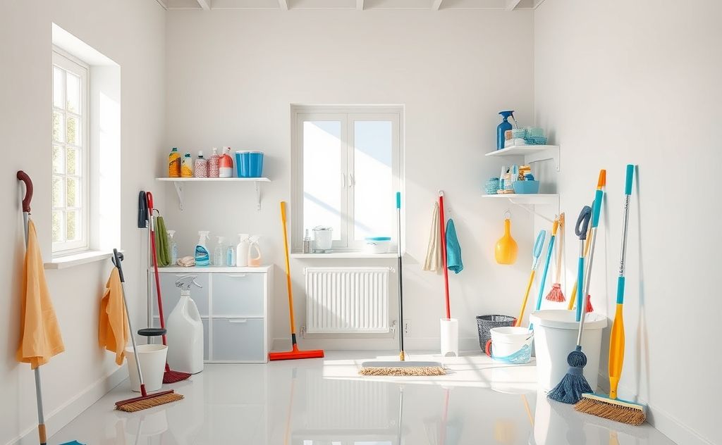 A tidy room with cleaning supplies and tools arranged neatly.
