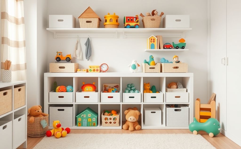 A tidy room with neatly organized toys in minimalist storage.