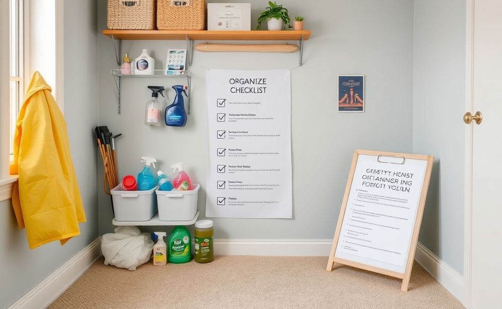 A tidy room with organized cleaning supplies and a checklist.