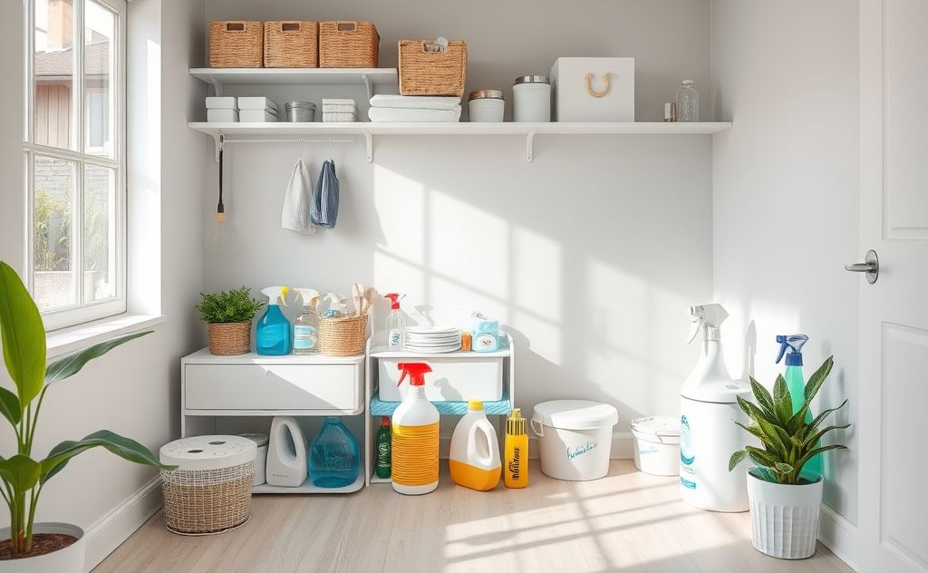 A tidy room with organized cleaning supplies and a fresh atmosphere.