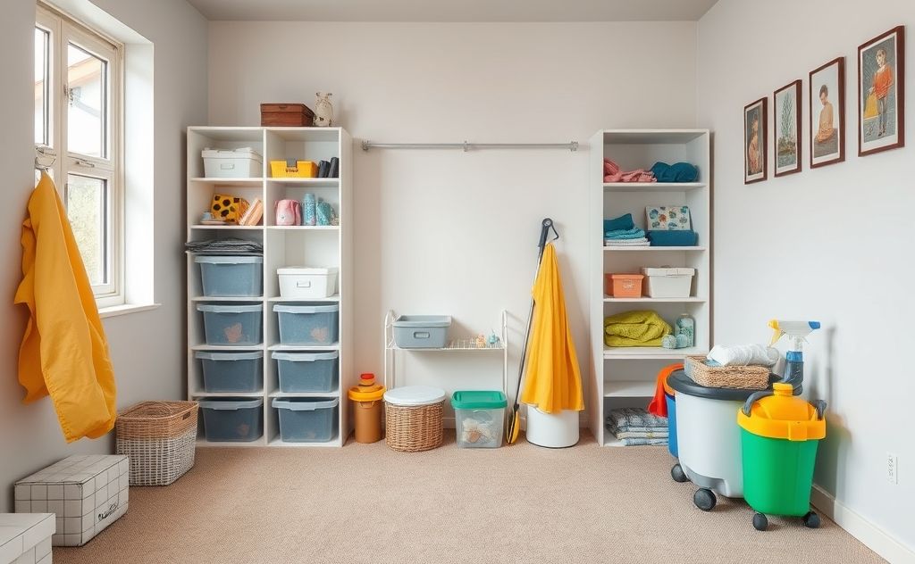 A tidy room with organized items ready for cleaning.