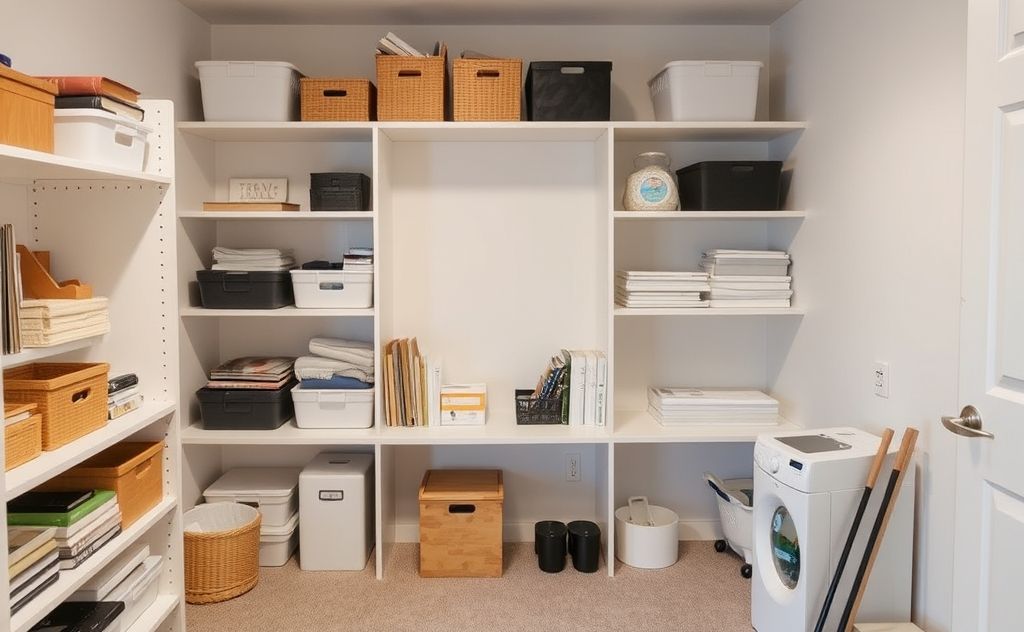 A tidy room with organized shelves and minimal clutter.