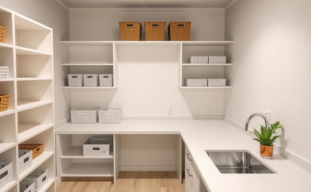 A tidy room with organized shelves and sparkling surfaces.