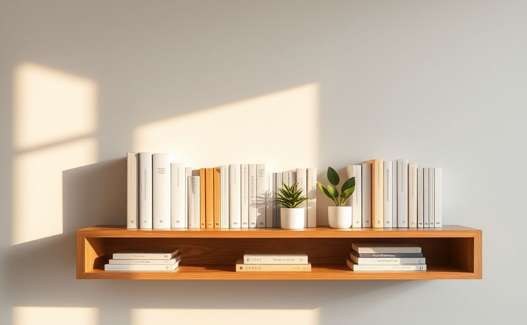A tidy shelf with neatly arranged, minimalistic books and plants.