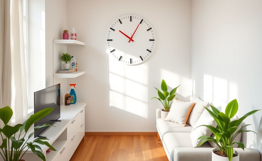 A tidy small apartment with cleaning supplies and a clock showing urgency