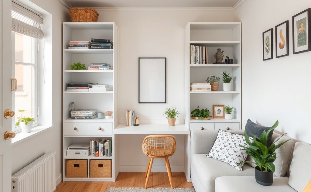 A tidy small apartment with organized shelves and minimal decor.