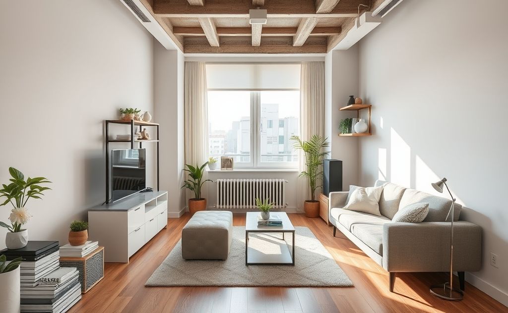 A tidy small apartment with organized spaces and minimal clutter.