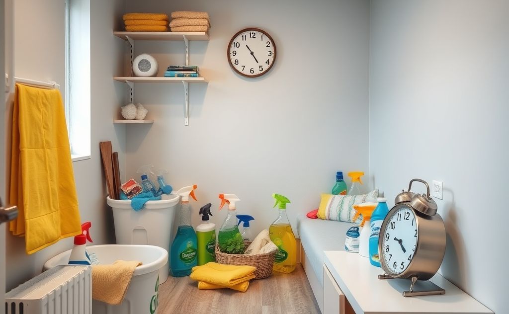 A tidy small room with cleaning supplies and a clock showing urgency.