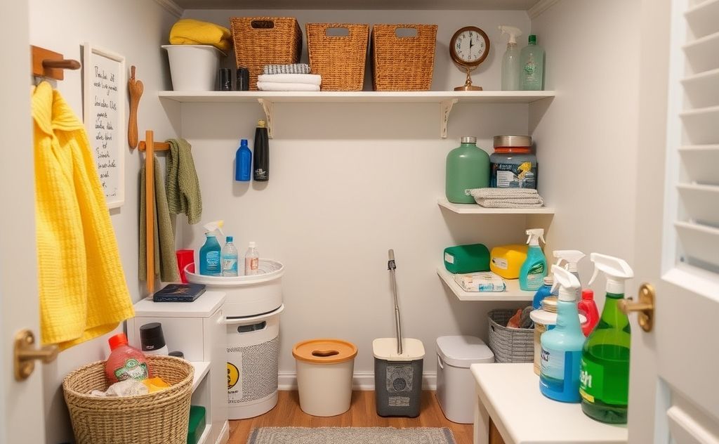 A tidy small room with cleaning supplies and organized spaces.