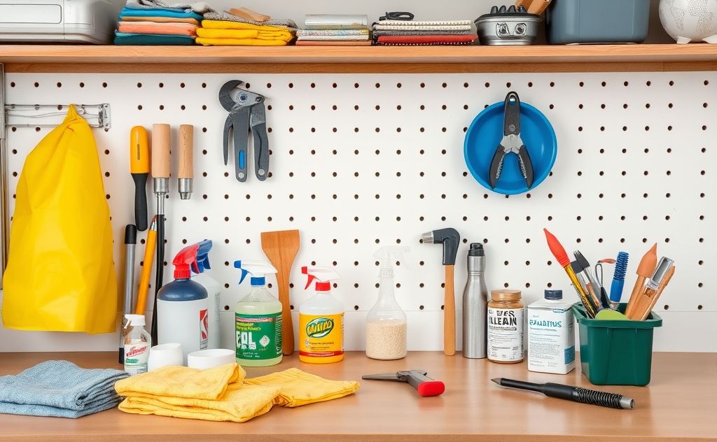 A tidy workspace with cleaning supplies and organized tools.